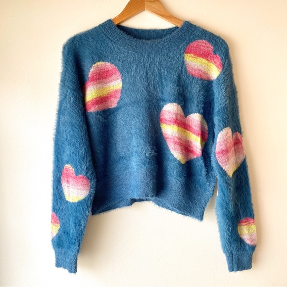 Just In// Fuzzy Heart Rainbow Sweater - Denim Blue - Picture 2 of 12